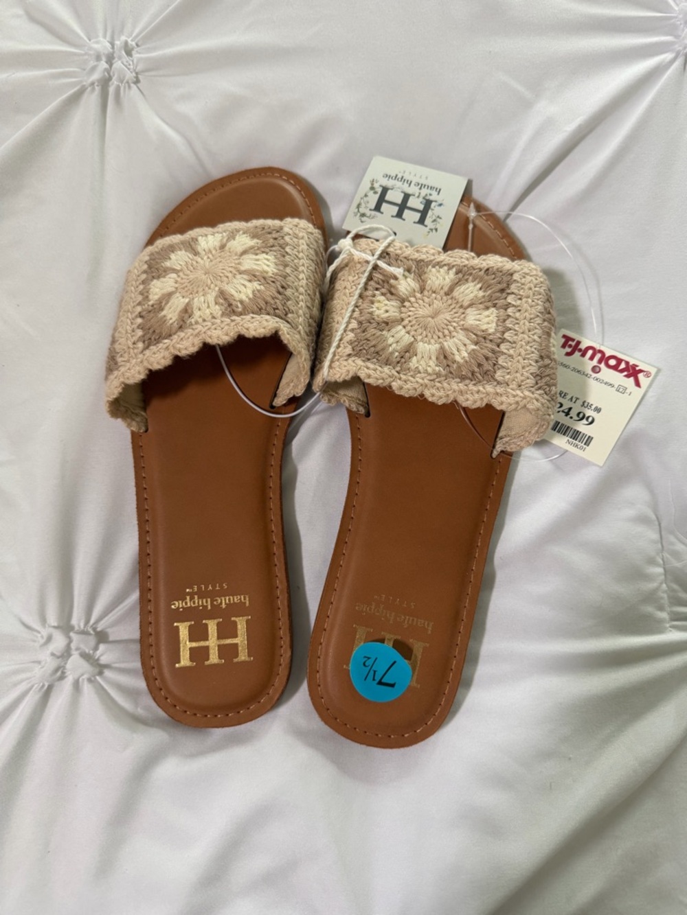 Haute Hippie Crochet Slide Sandals in Beige and Cream
